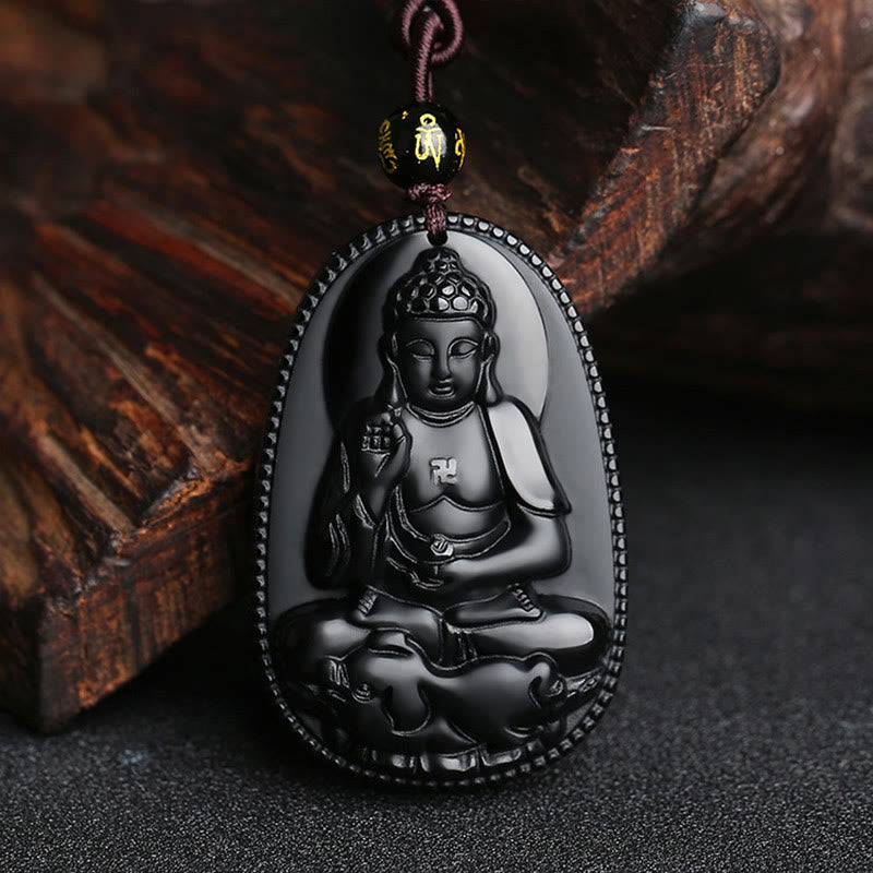Buddha Stones Chiński Zodiak Natal Budda Naturalny Czarny Obsydian Oczyszczający Naszyjnik Wisiorek