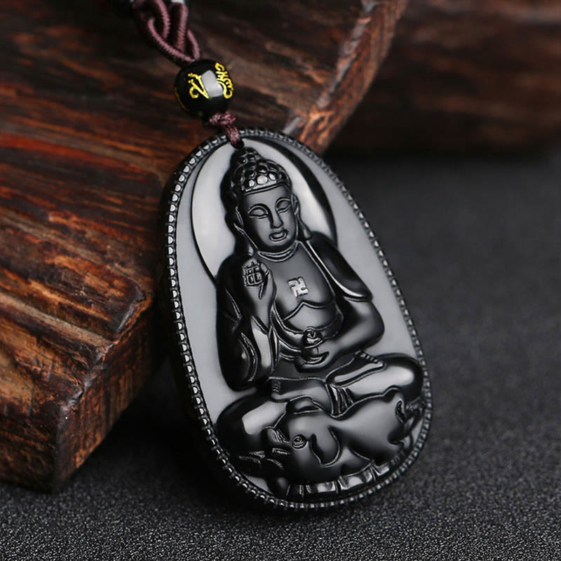 Buddha Stones Chiński Zodiak Natal Budda Naturalny Czarny Obsydian Oczyszczający Naszyjnik Wisiorek