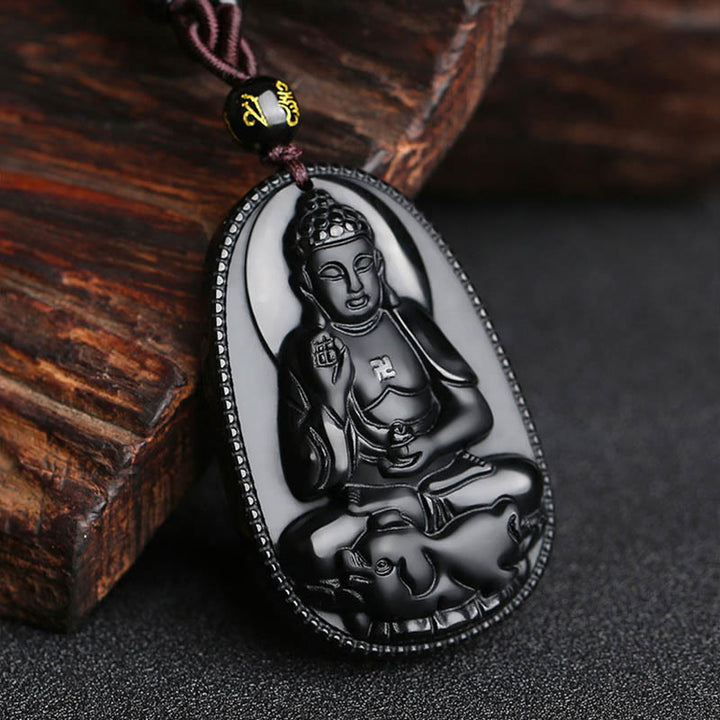 Buddha Stones Chiński Zodiak Natal Budda Naturalny Czarny Obsydian Oczyszczający Naszyjnik Wisiorek