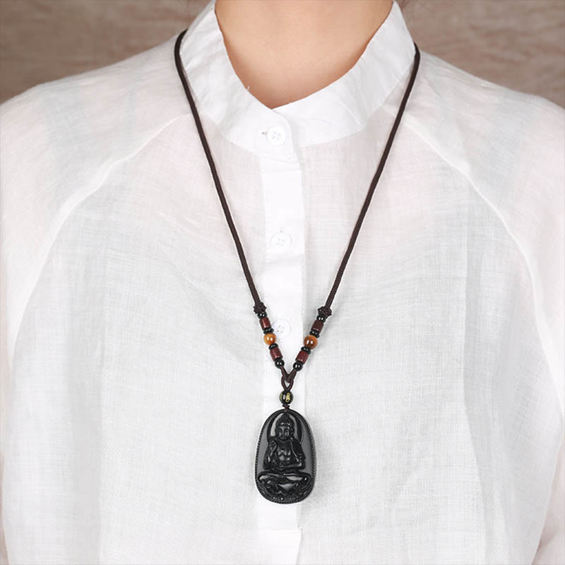 Buddha Stones Chiński Zodiak Natal Budda Naturalny Czarny Obsydian Oczyszczający Naszyjnik Wisiorek