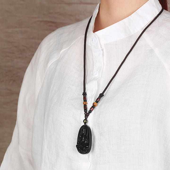 Buddha Stones Chiński Zodiak Natal Budda Naturalny Czarny Obsydian Oczyszczający Naszyjnik Wisiorek