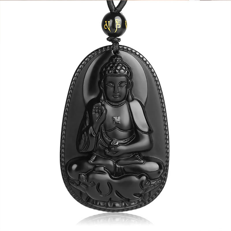Buddha Stones Chiński Zodiak Natal Budda Naturalny Czarny Obsydian Oczyszczający Naszyjnik Wisiorek