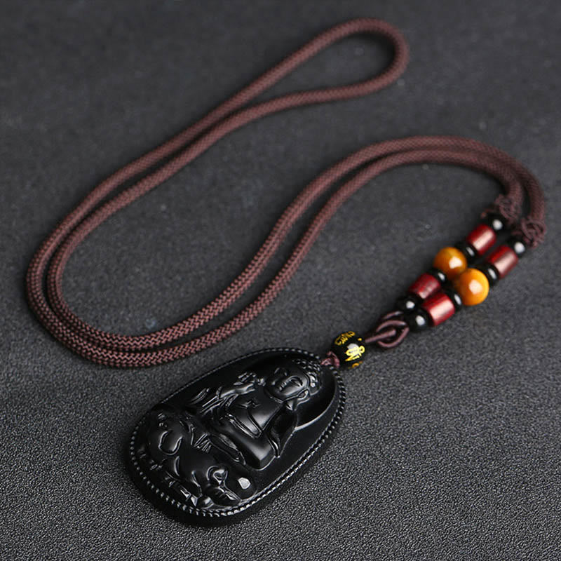 Buddha Stones Chiński Zodiak Natal Budda Naturalny Czarny Obsydian Oczyszczający Naszyjnik Wisiorek