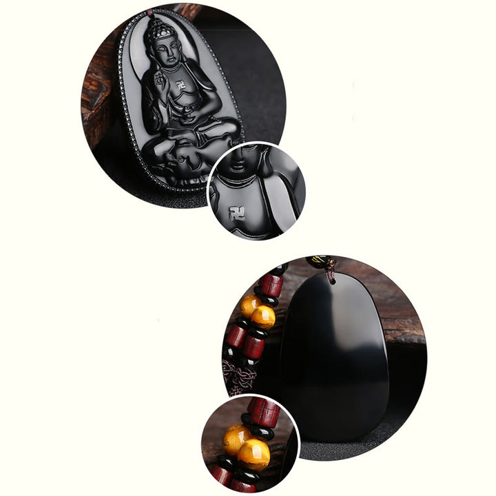 Buddha Stones Chiński Zodiak Natal Budda Naturalny Czarny Obsydian Oczyszczający Naszyjnik Wisiorek