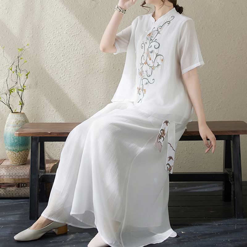 Buddha Stones 2 szt. Kwiatowy haft Krótki rękaw Koszulka T-shirt Szerokie nogawki Spodnie Zestaw