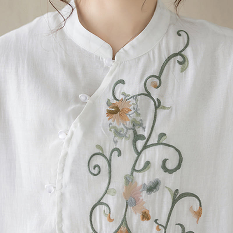 Buddha Stones 2 szt. Kwiatowy haft Krótki rękaw Koszulka T-shirt Szerokie nogawki Spodnie Zestaw - image 17