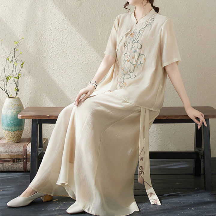 Buddha Stones 2 szt. Kwiatowy haft Krótki rękaw Koszulka T-shirt Szerokie nogawki Spodnie Zestaw - image 4