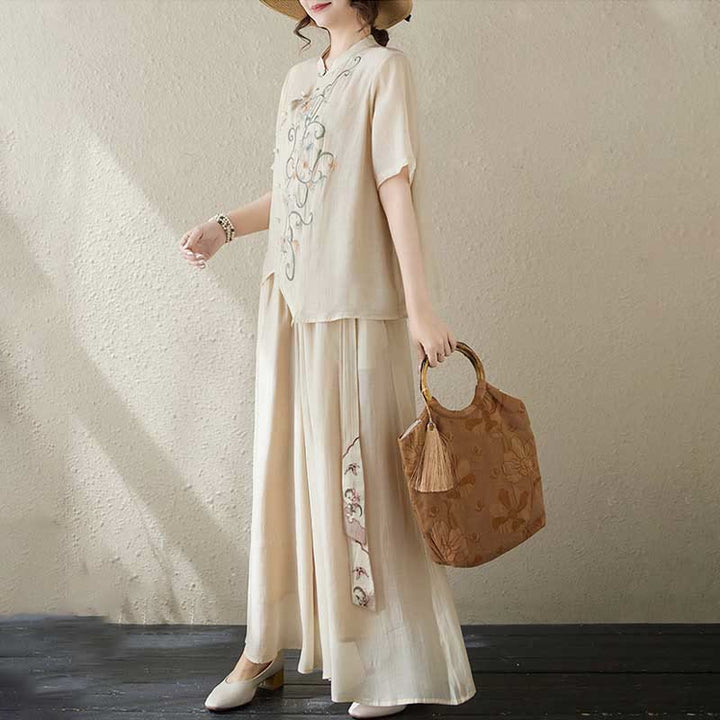 Buddha Stones 2 szt. Kwiatowy haft Krótki rękaw Koszulka T-shirt Szerokie nogawki Spodnie Zestaw - image 3