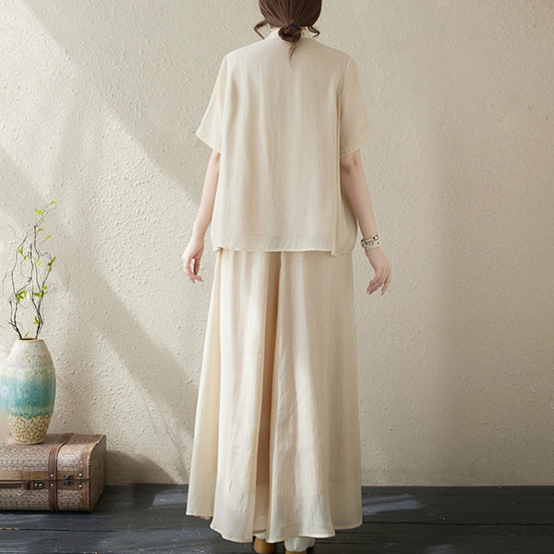 Buddha Stones 2 szt. Kwiatowy haft Krótki rękaw Koszulka T-shirt Szerokie nogawki Spodnie Zestaw - image 2