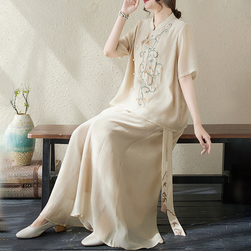 Buddha Stones 2 szt. Kwiatowy haft Krótki rękaw Koszulka T-shirt Szerokie nogawki Spodnie Zestaw - image 7