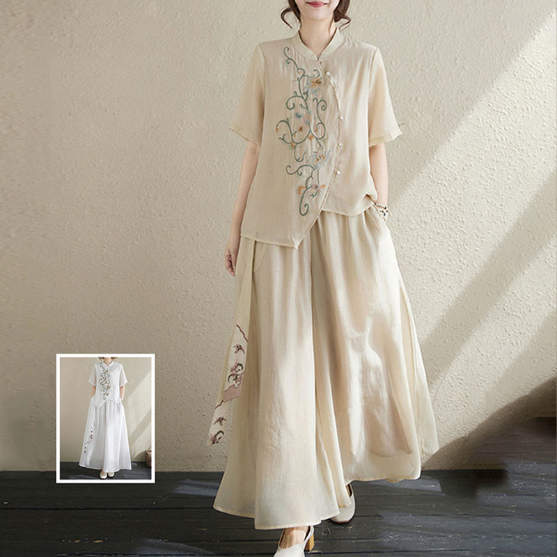 Buddha Stones 2 szt. Kwiatowy haft Krótki rękaw Koszulka T-shirt Szerokie nogawki Spodnie Zestaw - image 8