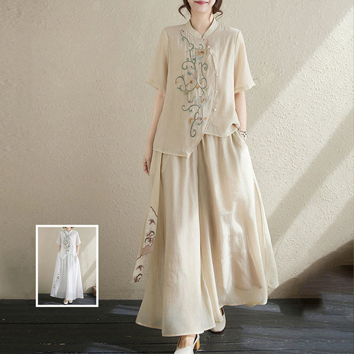 Buddha Stones 2 szt. Kwiatowy haft Krótki rękaw Koszulka T-shirt Szerokie nogawki Spodnie Zestaw - image 8