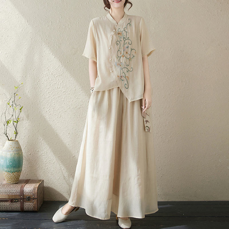 Buddha Stones 2 szt. Kwiatowy haft Krótki rękaw Koszulka T-shirt Szerokie nogawki Spodnie Zestaw - image 6