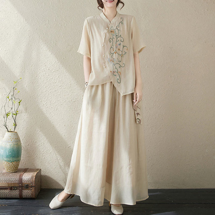 Buddha Stones 2 szt. Kwiatowy haft Krótki rękaw Koszulka T-shirt Szerokie nogawki Spodnie Zestaw - image 6