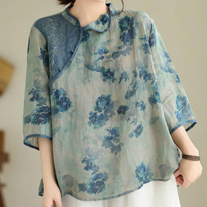 Koszula z motywem kwiatów jacarandy w kolorze niebieskim z rękawami trzy czwarte, z kolekcji Buddha Stones PLUS SIZE - US16, UK/AU20, EU48 (3XL) - image 0