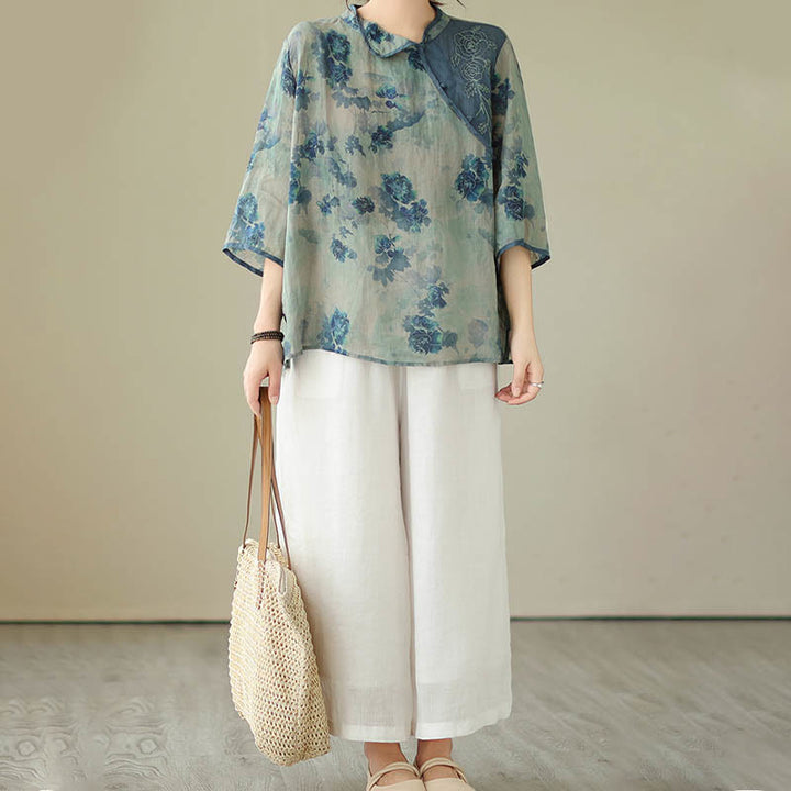Koszula z motywem kwiatów jacarandy w kolorze niebieskim z rękawami trzy czwarte, z kolekcji Buddha Stones PLUS SIZE - image 12