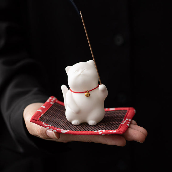 Buddha Stones Mini Uroczy Kot Ceramiczny Uzdrawiający Kadzielnica Dekoracja Biurka - image 3