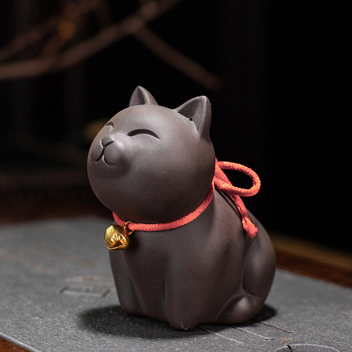 Buddha Stones Miniaturowe Piękne Koty Herbata Zwierzę Fioletowa Glina Figurka Dekoracja Biurka - Kot siedzący 8*4,5*7,5 cm - image 4
