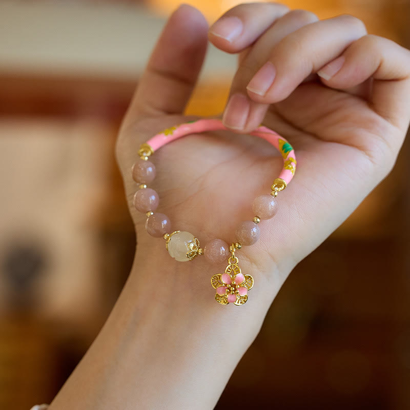 Buddha Stones Naturalny Kamień Słoneczny Złoty Jedwabny Jadeit Kwiat Charm Bransoletka Bogactwo Bangle