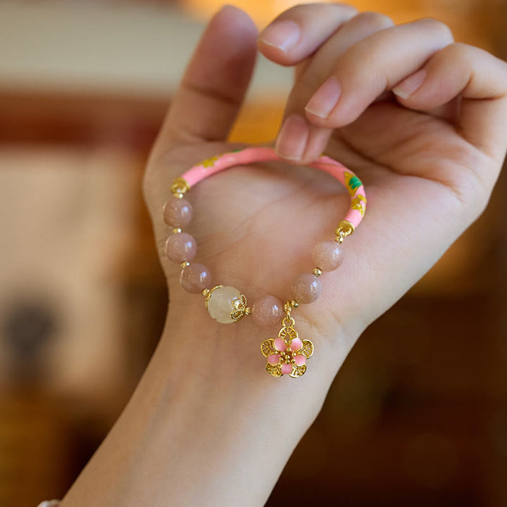 Buddha Stones Naturalny Kamień Słoneczny Złoty Jedwabny Jadeit Kwiat Charm Bransoletka Bogactwo Bangle