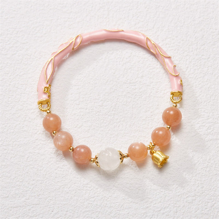 Buddha Stones Kamień słoneczny Złoty jedwabny jadeit Konwalia Charm Pozytywna bransoletka Bangle