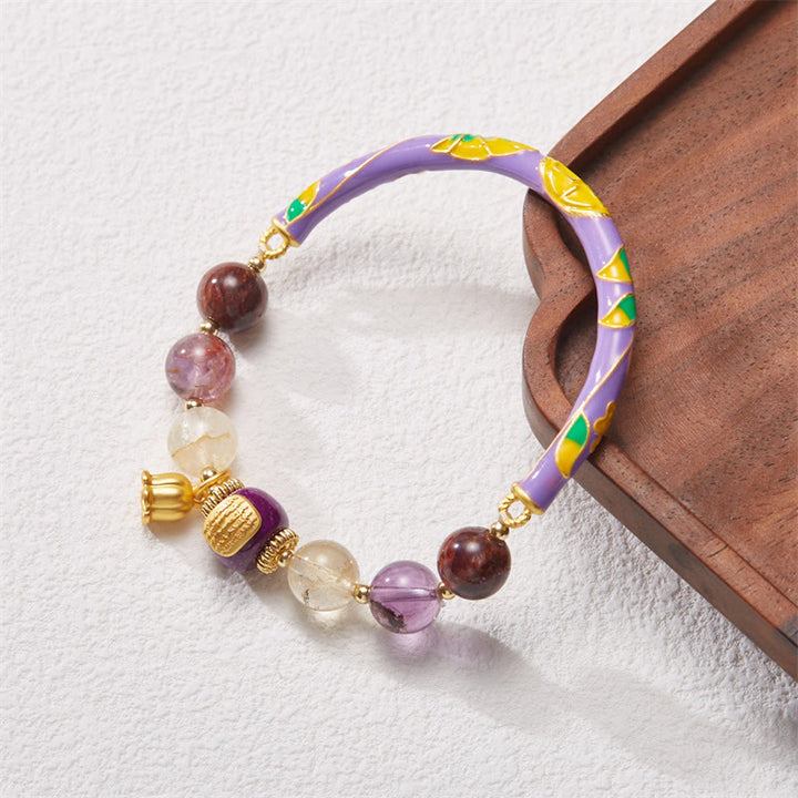 Buddha Stones Fioletowy Phantom Fioletowy Jade Pismo Cytryn Miłość Mądrość Bransoletka Bangle