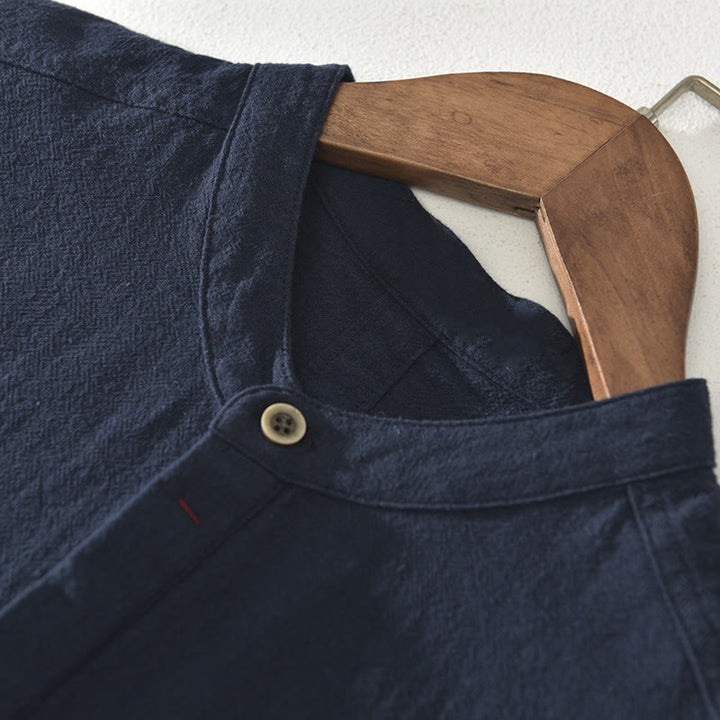 Koszula z Buddha Stones w jednolitym kolorze z krótkim rękawem i półguzikiem, bawełniana, lniana, męska, odzież - image 3