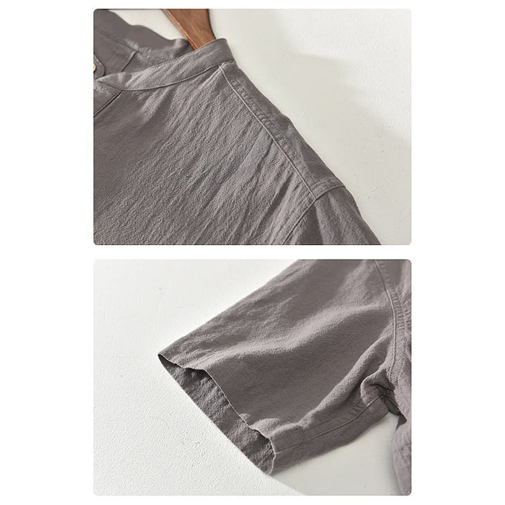 Koszula z Buddha Stones w jednolitym kolorze z krótkim rękawem i półguzikiem, bawełniana, lniana, męska, odzież - image 12