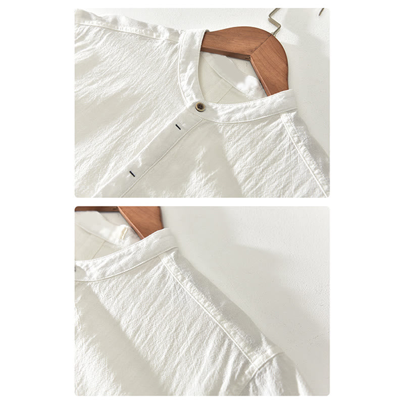 Koszula z Buddha Stones w jednolitym kolorze z krótkim rękawem i półguzikiem, bawełniana, lniana, męska, odzież - image 8