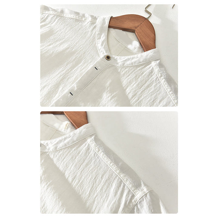 Koszula z Buddha Stones w jednolitym kolorze z krótkim rękawem i półguzikiem, bawełniana, lniana, męska, odzież - image 8