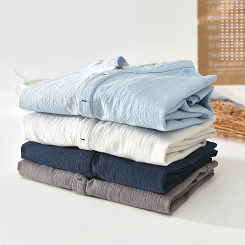 Koszula męska z krótkim rękawem i guzikami w jednolitym kolorze z motywem Buddha Stones, bawełniana - image 1