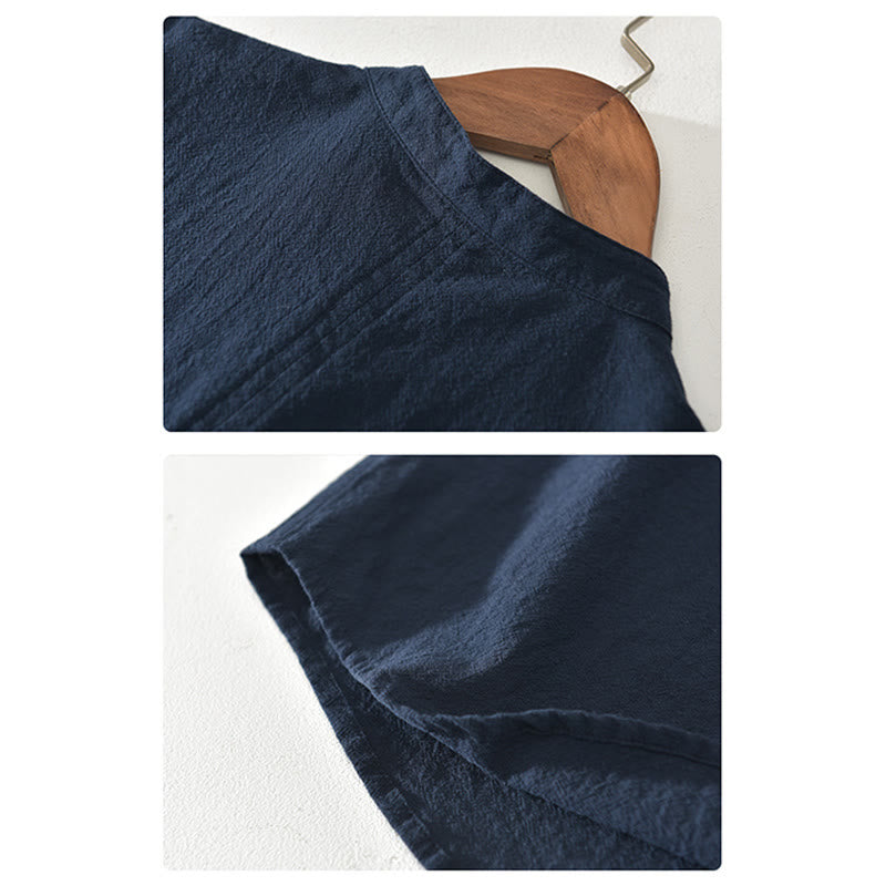 Koszula z Buddha Stones w jednolitym kolorze z krótkim rękawem i półguzikiem, bawełniana, lniana, męska, odzież - image 5