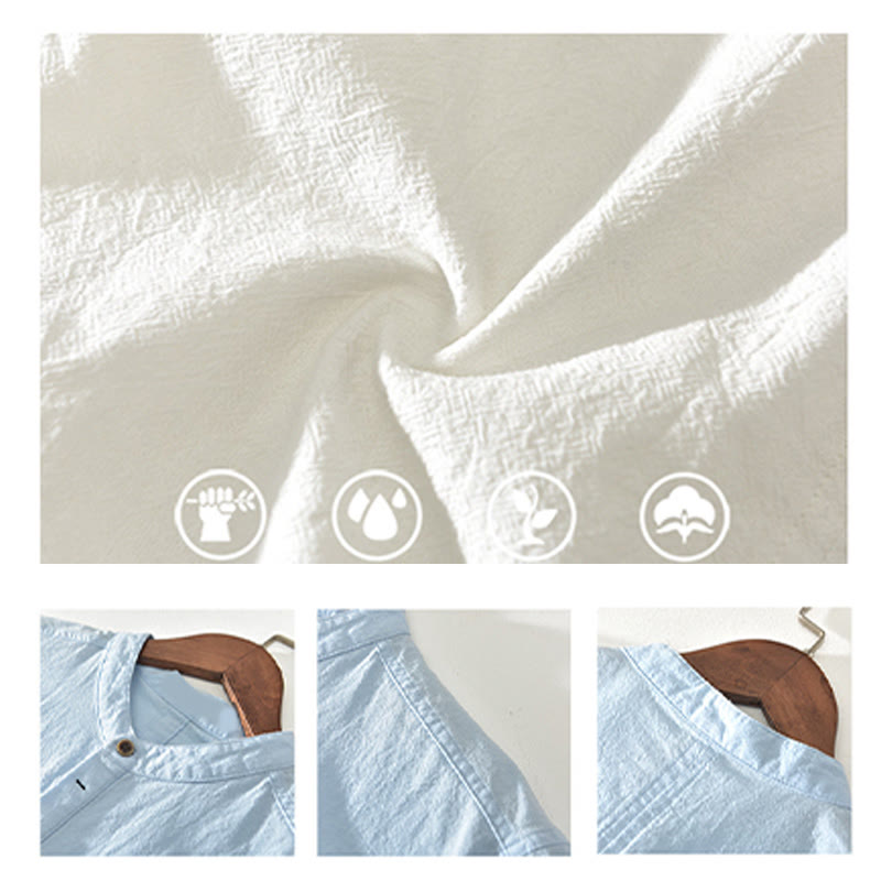 Koszula z Buddha Stones w jednolitym kolorze z krótkim rękawem i półguzikiem, bawełniana, lniana, męska, odzież - image 14