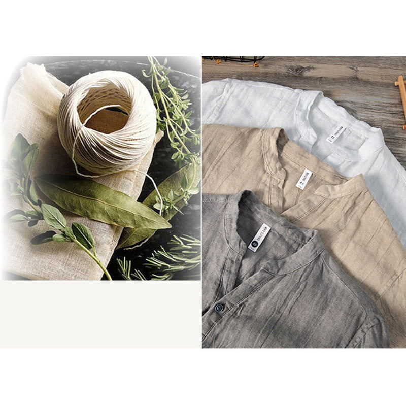 Koszula z krótkim rękawem w jednolitym kolorze z krótkim rękawem i półguzikiem, bawełniano-lniana, męska, z Buddha Stones - image 20