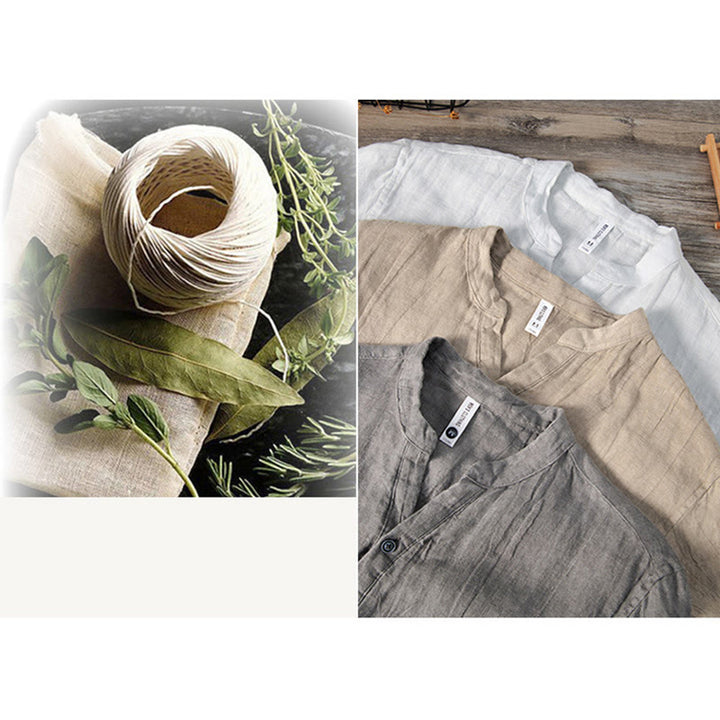 Koszula z krótkim rękawem w jednolitym kolorze z krótkim rękawem i półguzikiem, bawełniano-lniana, męska, z Buddha Stones - image 20