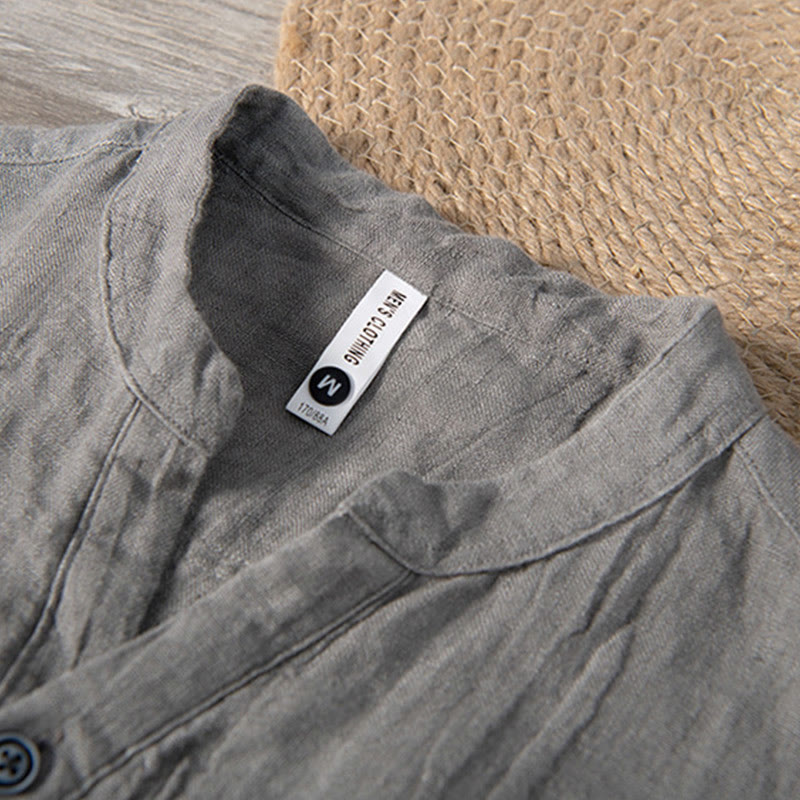 Koszula z krótkim rękawem w jednolitym kolorze z krótkim rękawem i półguzikiem, bawełniano-lniana, męska, z Buddha Stones - image 3