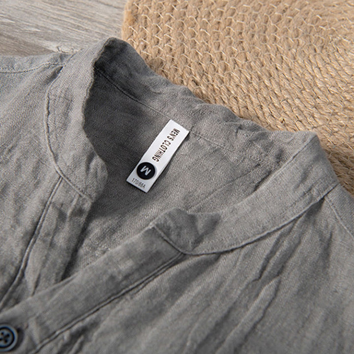 Koszula z krótkim rękawem w jednolitym kolorze z krótkim rękawem i półguzikiem, bawełniano-lniana, męska, z Buddha Stones - image 3