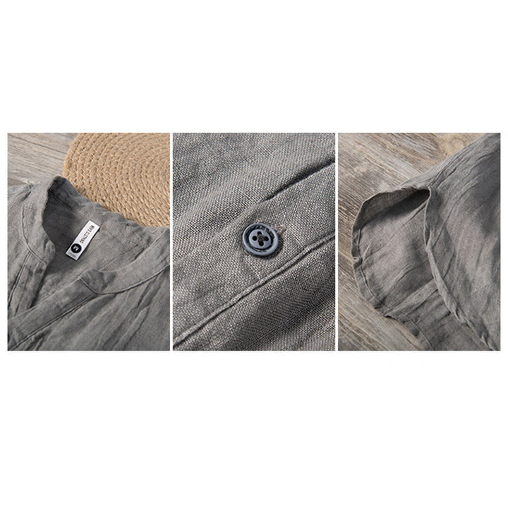 Koszula z krótkim rękawem w jednolitym kolorze z krótkim rękawem i półguzikiem, bawełniano-lniana, męska, z Buddha Stones - image 11