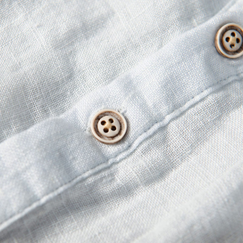 Koszula z krótkim rękawem w jednolitym kolorze z krótkim rękawem i półguzikiem, bawełniano-lniana, męska, z Buddha Stones - image 15