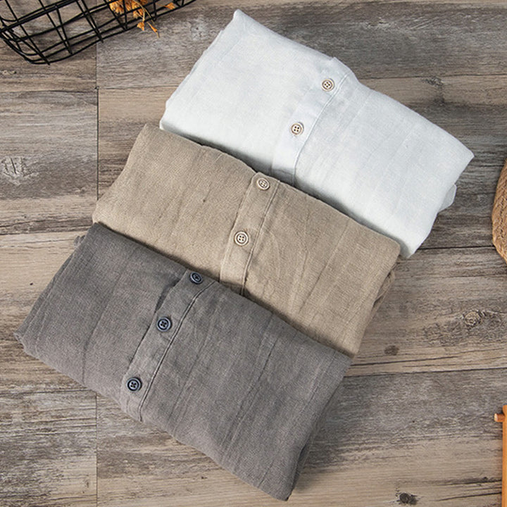 Koszula z krótkim rękawem w jednolitym kolorze z krótkim rękawem i półguzikiem, bawełniano-lniana, męska, z Buddha Stones - image 1