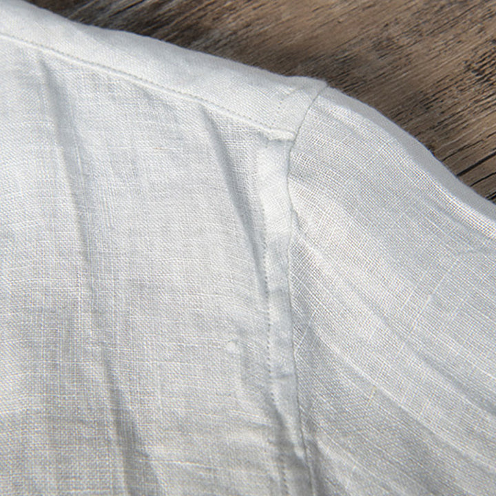 Koszula z krótkim rękawem w jednolitym kolorze z krótkim rękawem i półguzikiem, bawełniano-lniana, męska, z Buddha Stones - image 14