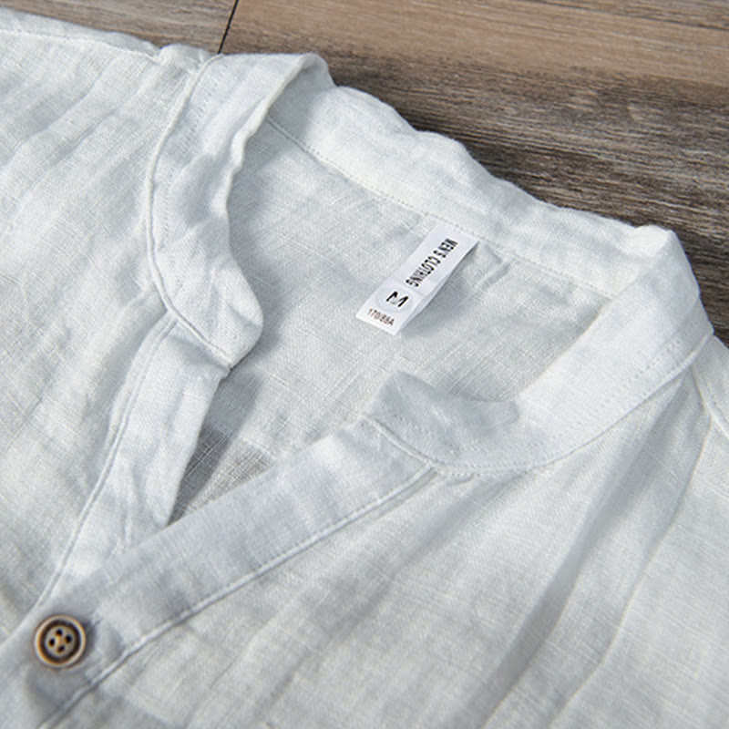 Koszula z krótkim rękawem w jednolitym kolorze z krótkim rękawem i półguzikiem, bawełniano-lniana, męska, z Buddha Stones - image 13