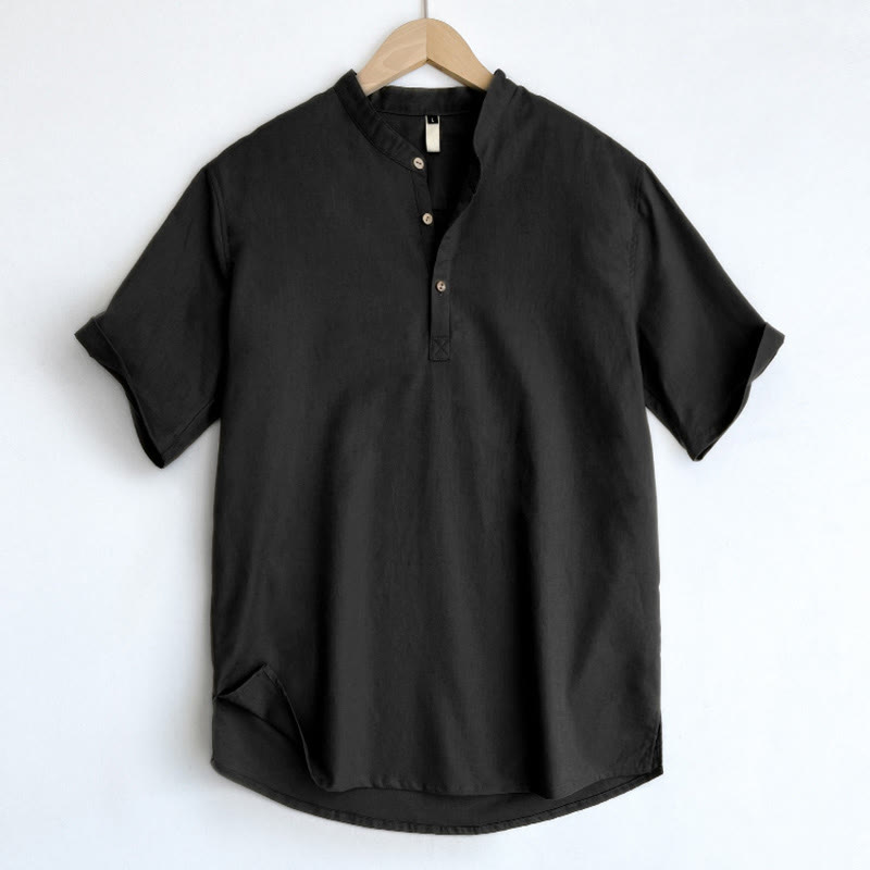 Koszula męska z krótkim rękawem i guzikami z lnu w jednolitym kolorze z Buddha Stones - Czarny - US/UK/AU44， EU54 (4XL) - image 20