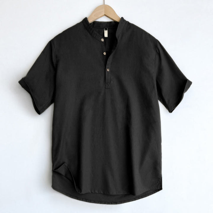 Koszula męska z krótkim rękawem i guzikami z lnu w jednolitym kolorze z Buddha Stones - Czarny - US/UK/AU44， EU54 (4XL) - image 20
