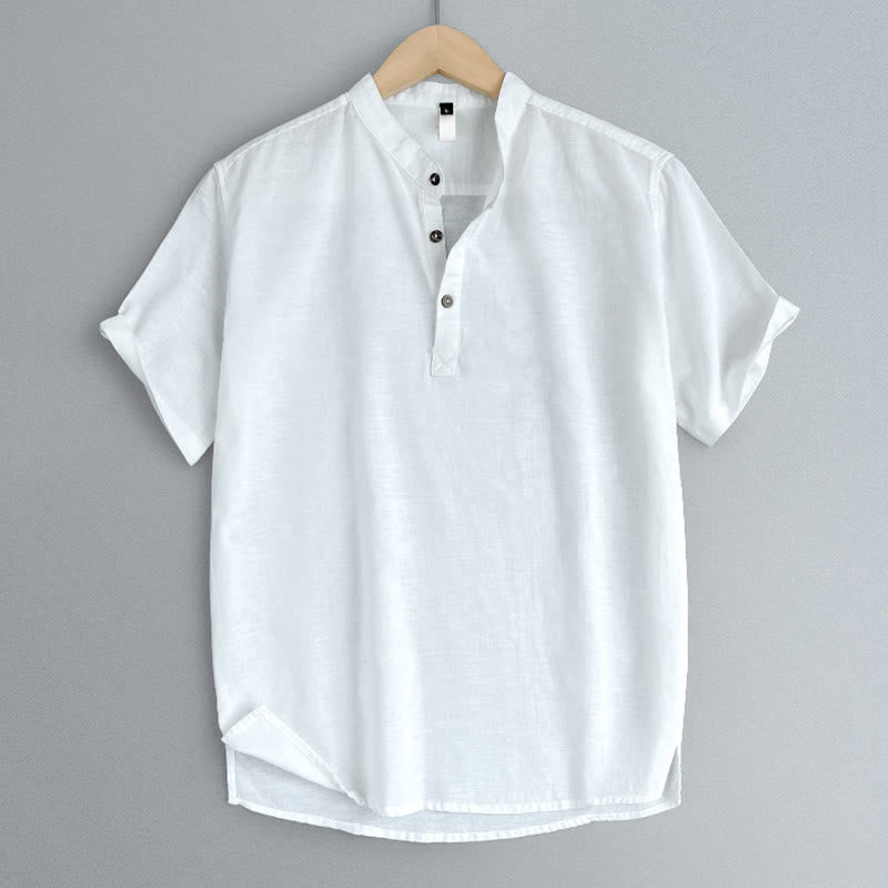 Koszula męska z krótkim rękawem i guzikami z lnu w jednolitym kolorze z Buddha Stones - image 19