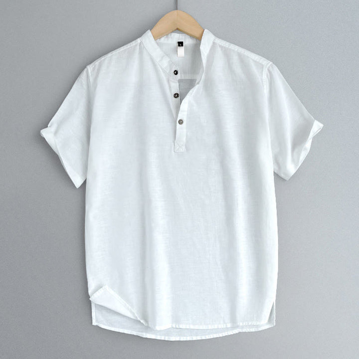 Koszula męska z krótkim rękawem i guzikami z lnu w jednolitym kolorze z Buddha Stones - image 19