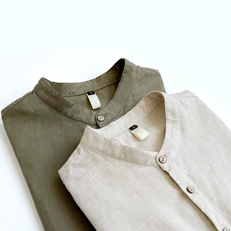 Koszula męska z krótkim rękawem i guzikami z lnu w jednolitym kolorze z Buddha Stones - image 1