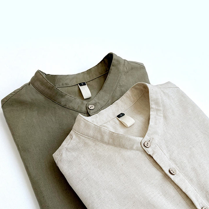 Koszula męska z krótkim rękawem i guzikami z lnu w jednolitym kolorze z Buddha Stones - image 1