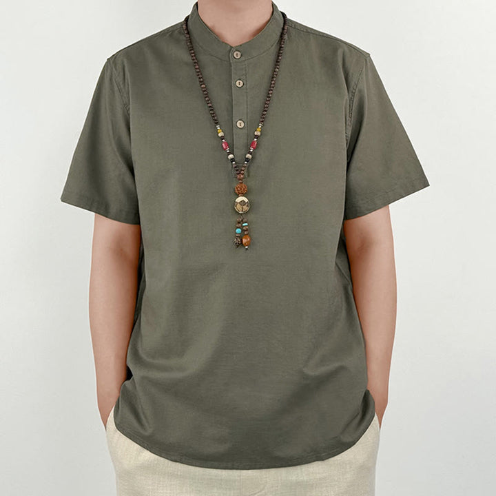 Koszula męska z krótkim rękawem i guzikami z lnu w jednolitym kolorze z Buddha Stones - Ciemny Khaki - US/UK/AU44， EU54 (4XL) - image 0