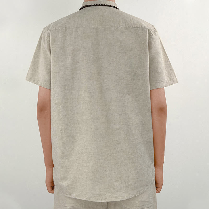 Koszula męska z krótkim rękawem i guzikami z lnu w jednolitym kolorze z Buddha Stones - image 9